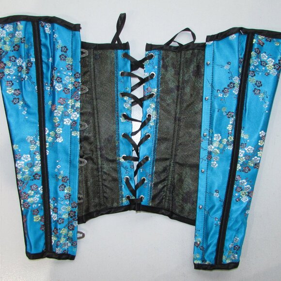 Blue Black Asian Themed Boned Corset Set - NEW - Picture 7 of 8